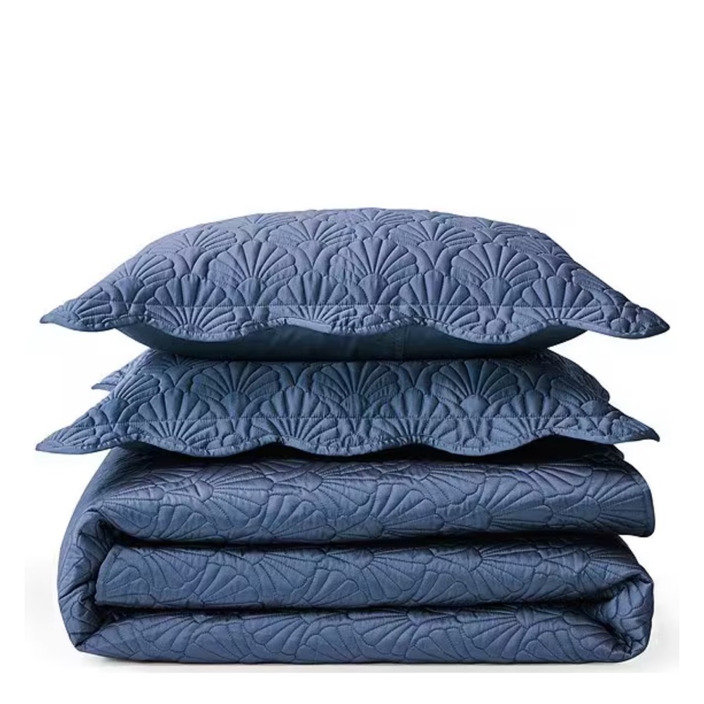 3pc TED BAKER Deco Shell Sapphire Blue Quilt Set-Scalloped Edges- King- 108"x90" - Picture 2 of 8